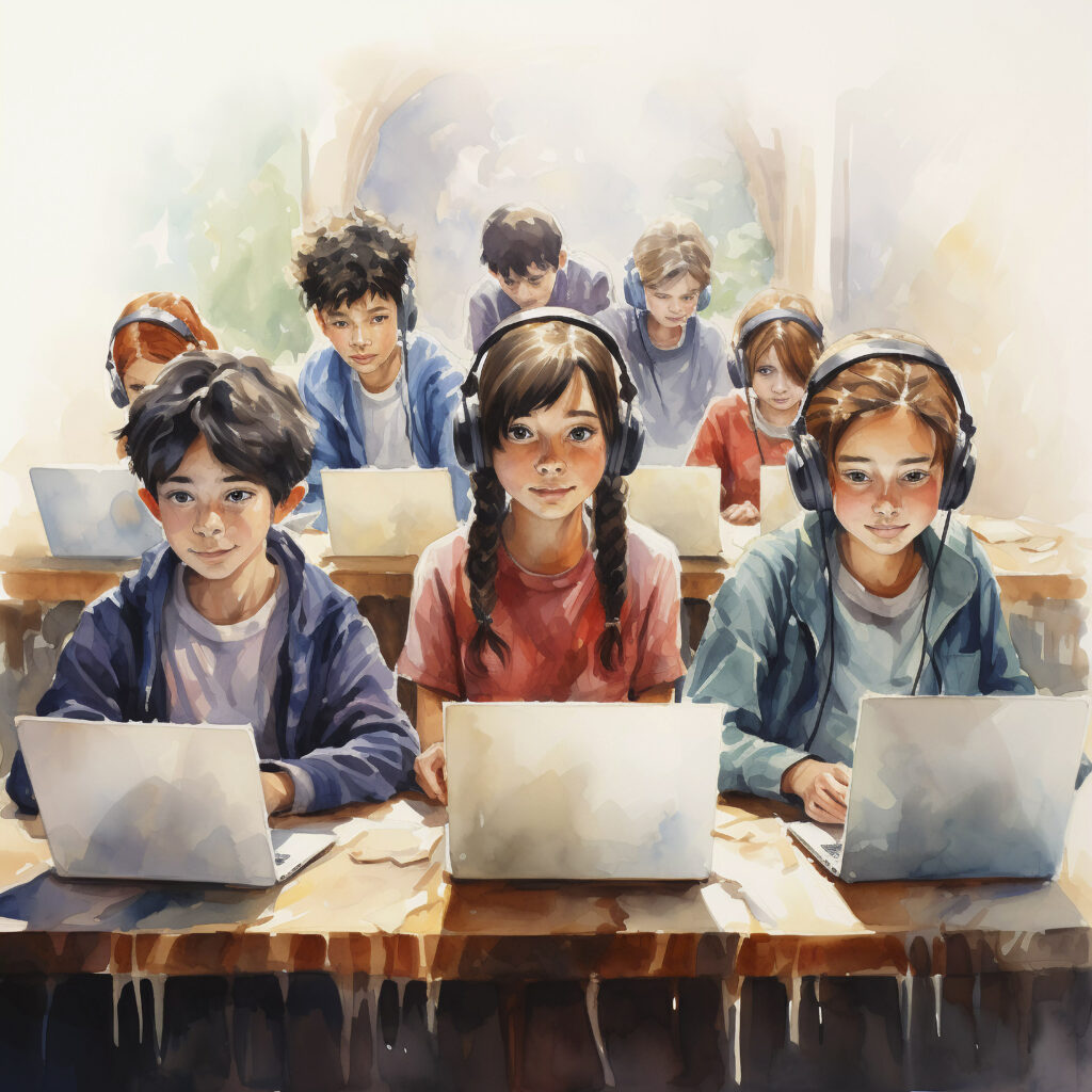 Digital skills training for students using computers in classroom